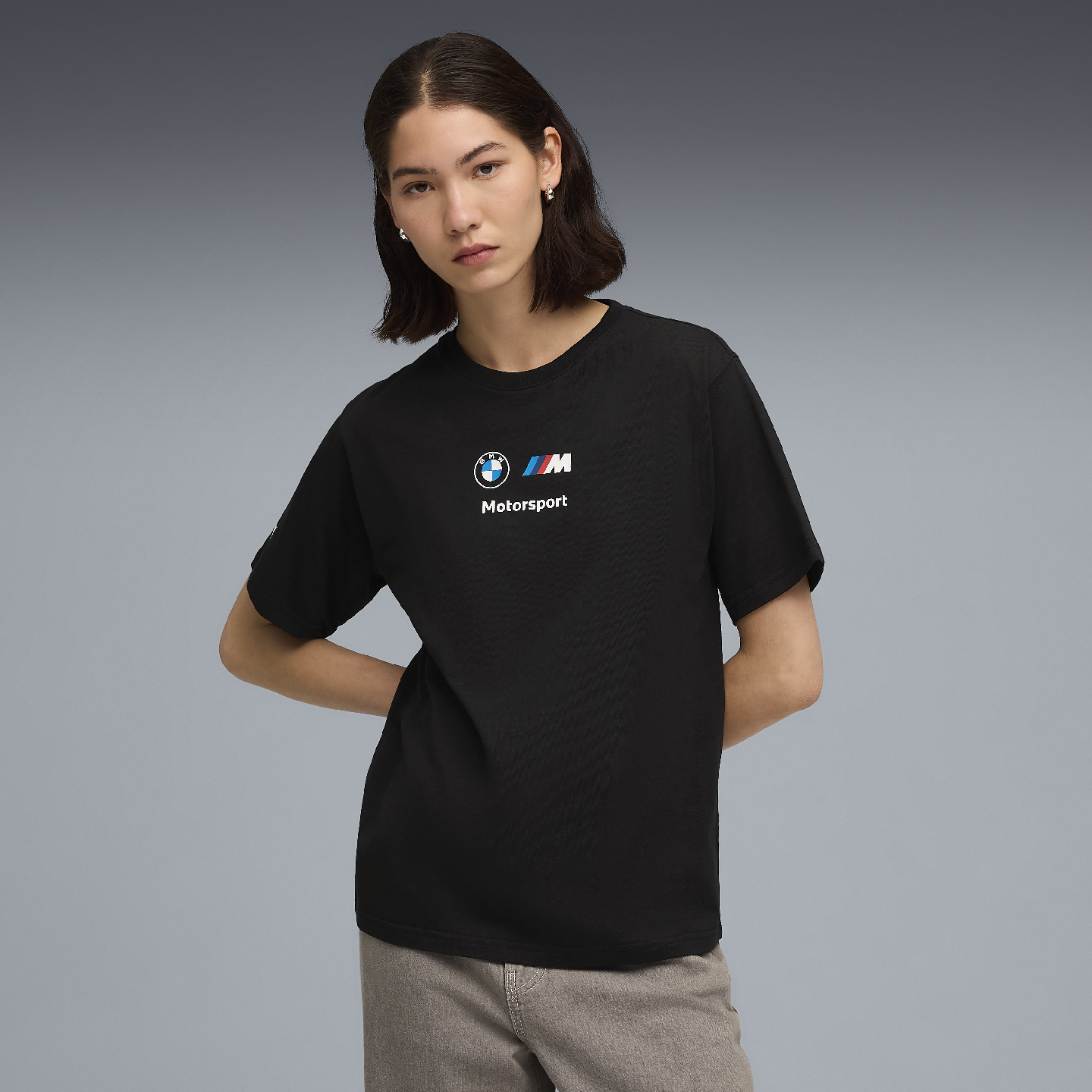PUMA BMW M Motorsport Women's Essential Logo Tee II Black Relaxed Fit view 3
