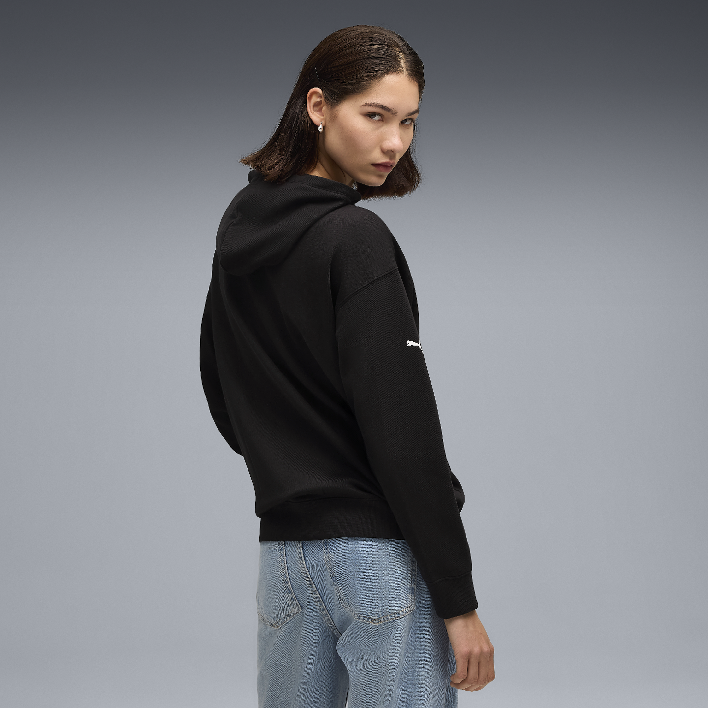 PUMA BMW M Motorsport Women's Essential Hoodie Fleece Black Relaxed Fit view 4