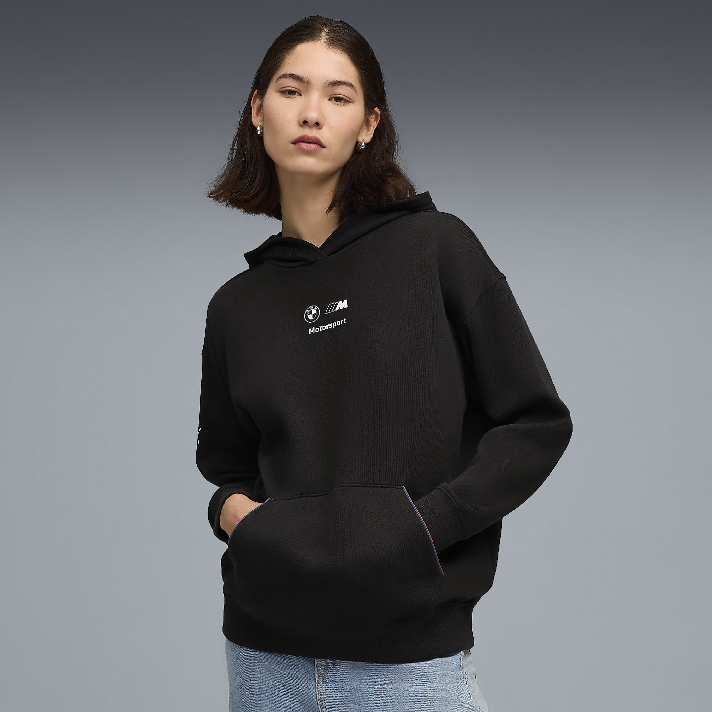 PUMA BMW M Motorsport Women's Essential Hoodie Fleece Black Relaxed Fit view 3