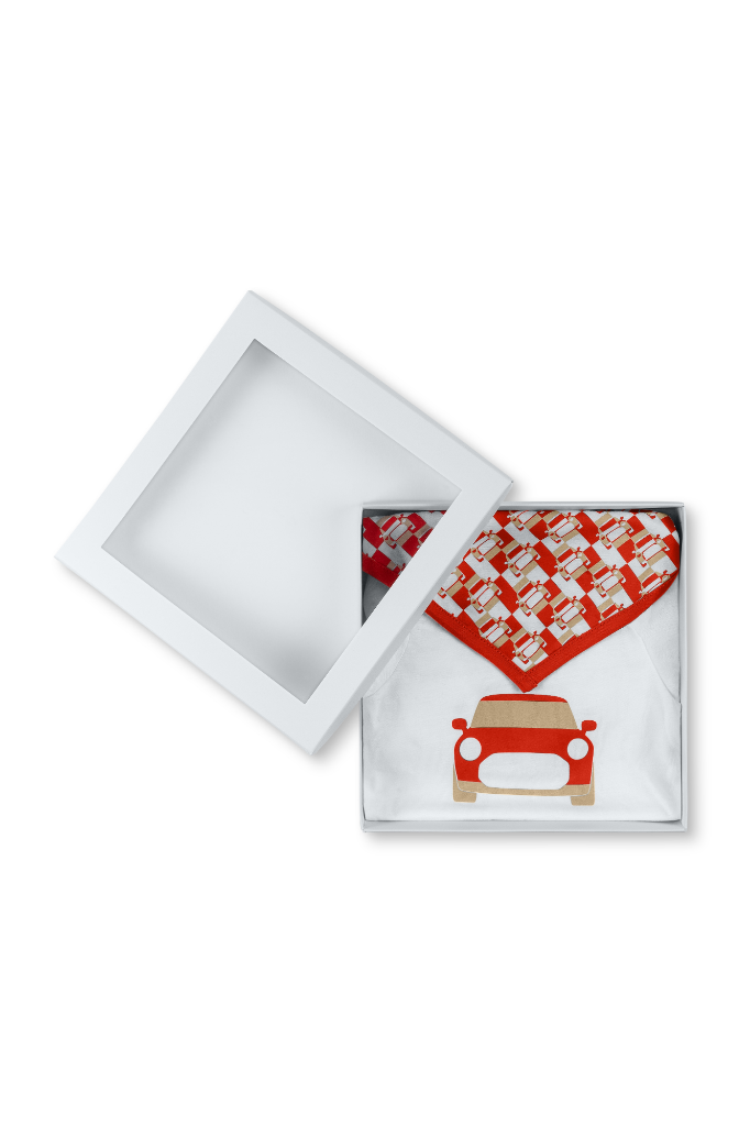 Genuine Baby Gift Set Long Sleeved Body Suit Bib Car Print White Rebel Red